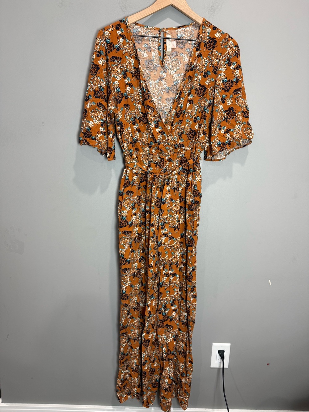 Band of Gypsies Floral Wide Leg Jumpsuit Size L Mustard Wrap Front Boho